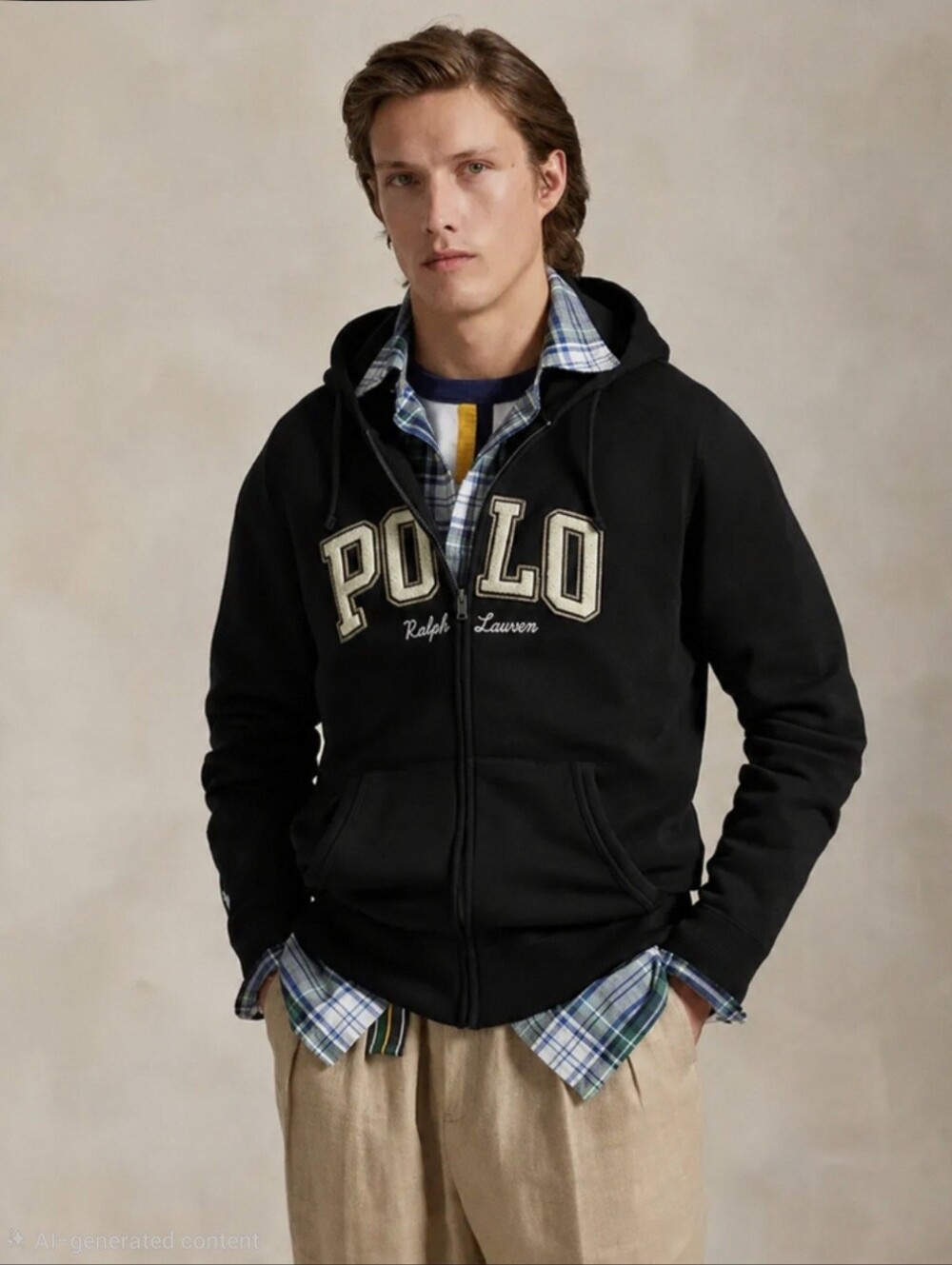 Polo by Ralph Lauren Black Zip-Up Hoodie with Contrast Logo Size XL